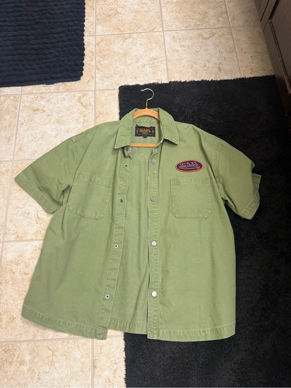 Von Dutch Olive Green Short Sleeve Button-Up Shirt with Chest Patch